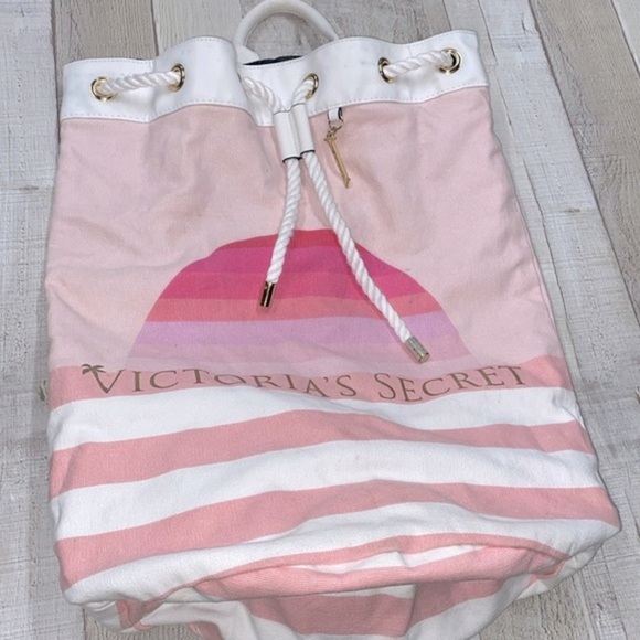 Victorias Secret drawstring backpack pink half moon striped - Picture 2 of 10